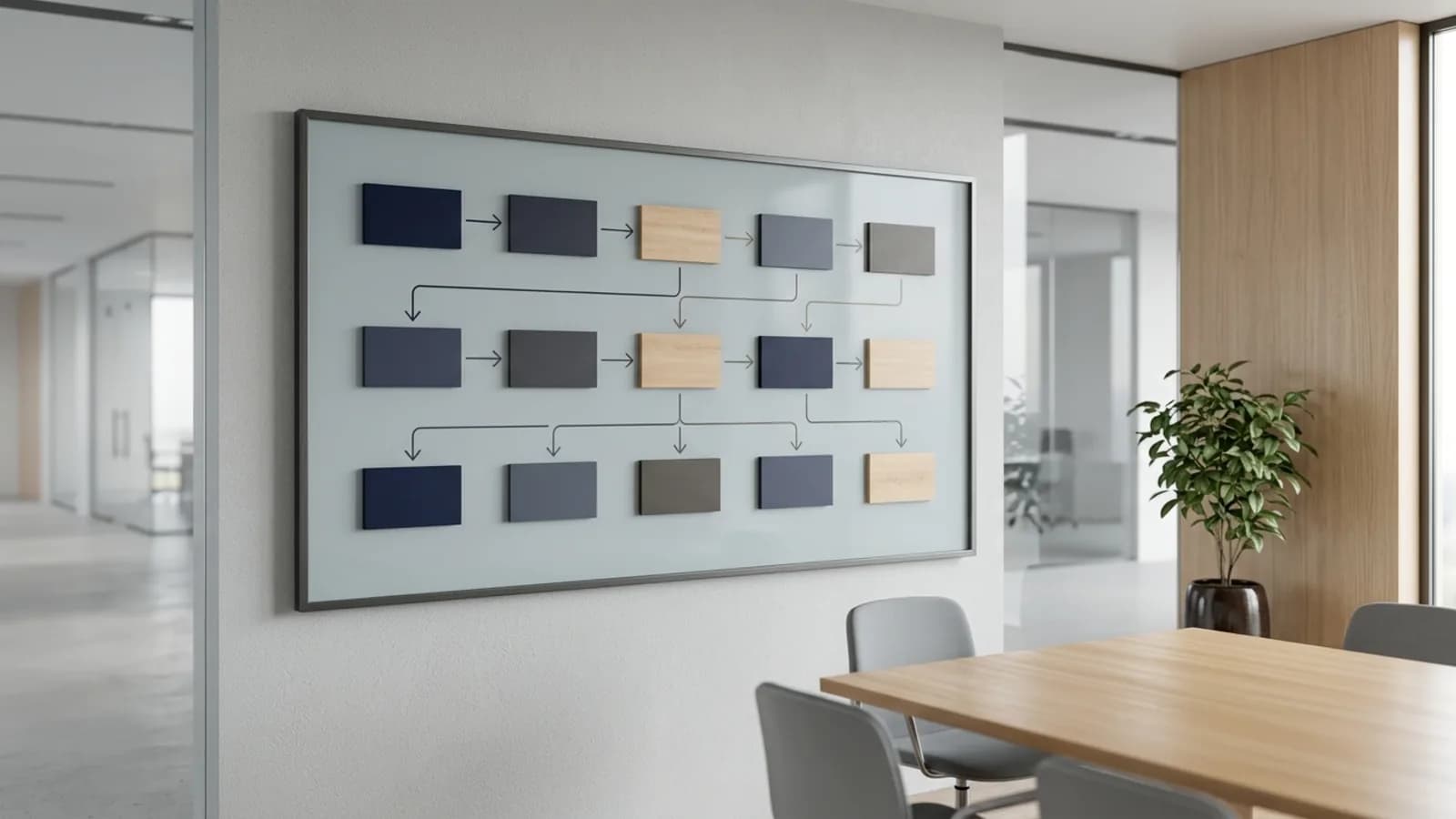 Panel de pared con tres niveles de bloques conectados por flechas: mapa de procesos de una empresa, Ecuador