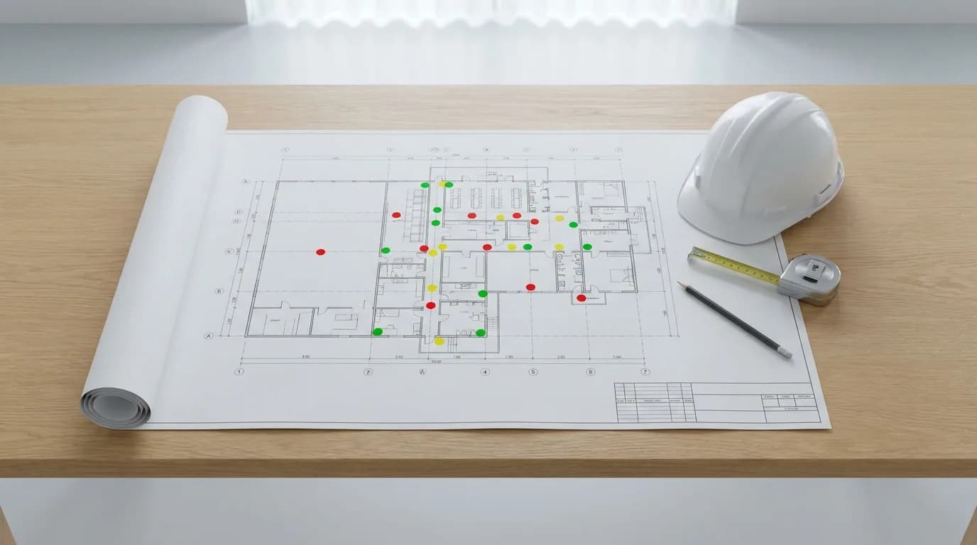 Plano de planta desplegado sobre una mesa con marcadores rojos, amarillos y verdes, un casco blanco y un flexómetro.