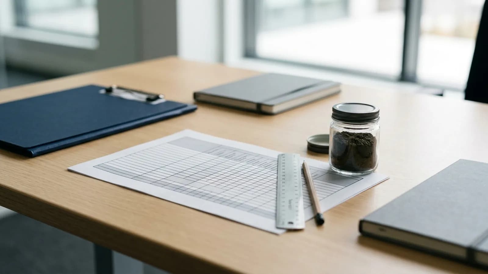 Matriz cuadriculada impresa, regla y muestra de suelo sobre una mesa: matrices de Leopold y Conesa en Ecuador