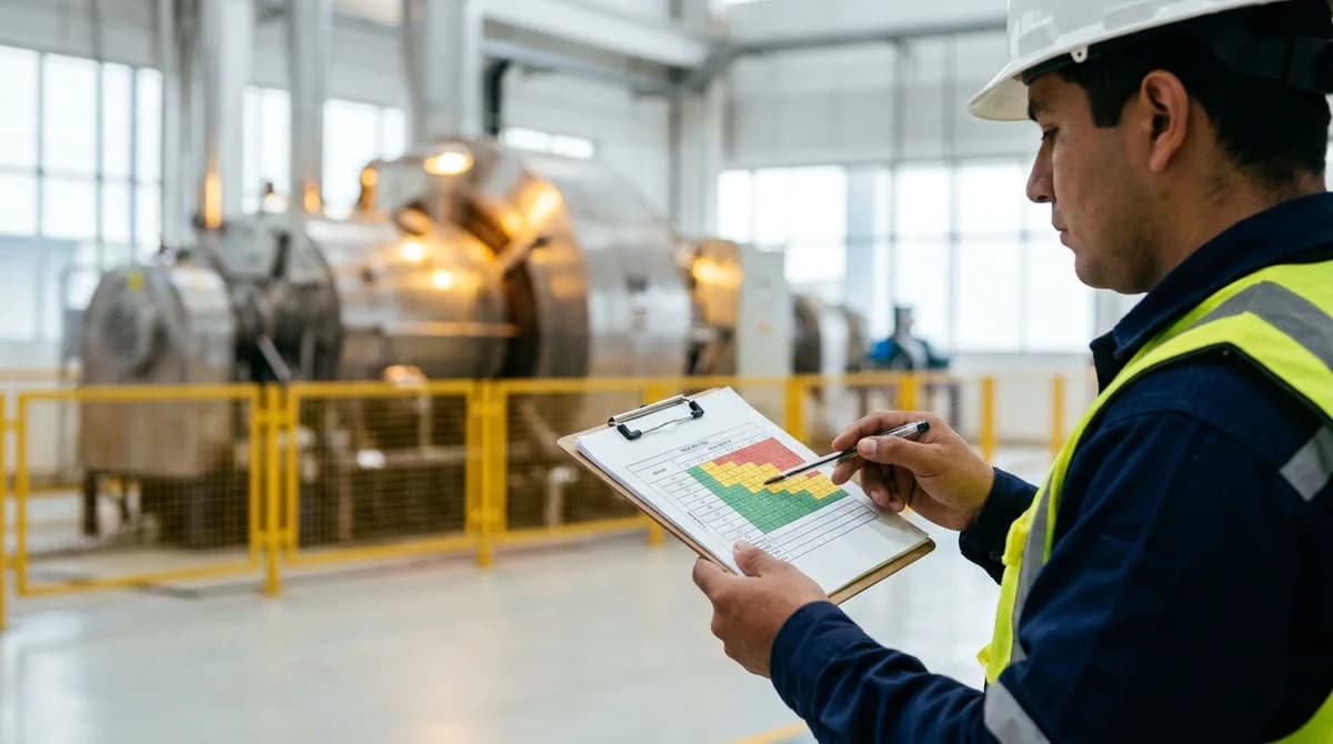 Ingeniero de seguridad evalúa los peligros de planta con la matriz de riesgos impresa en su tablero.