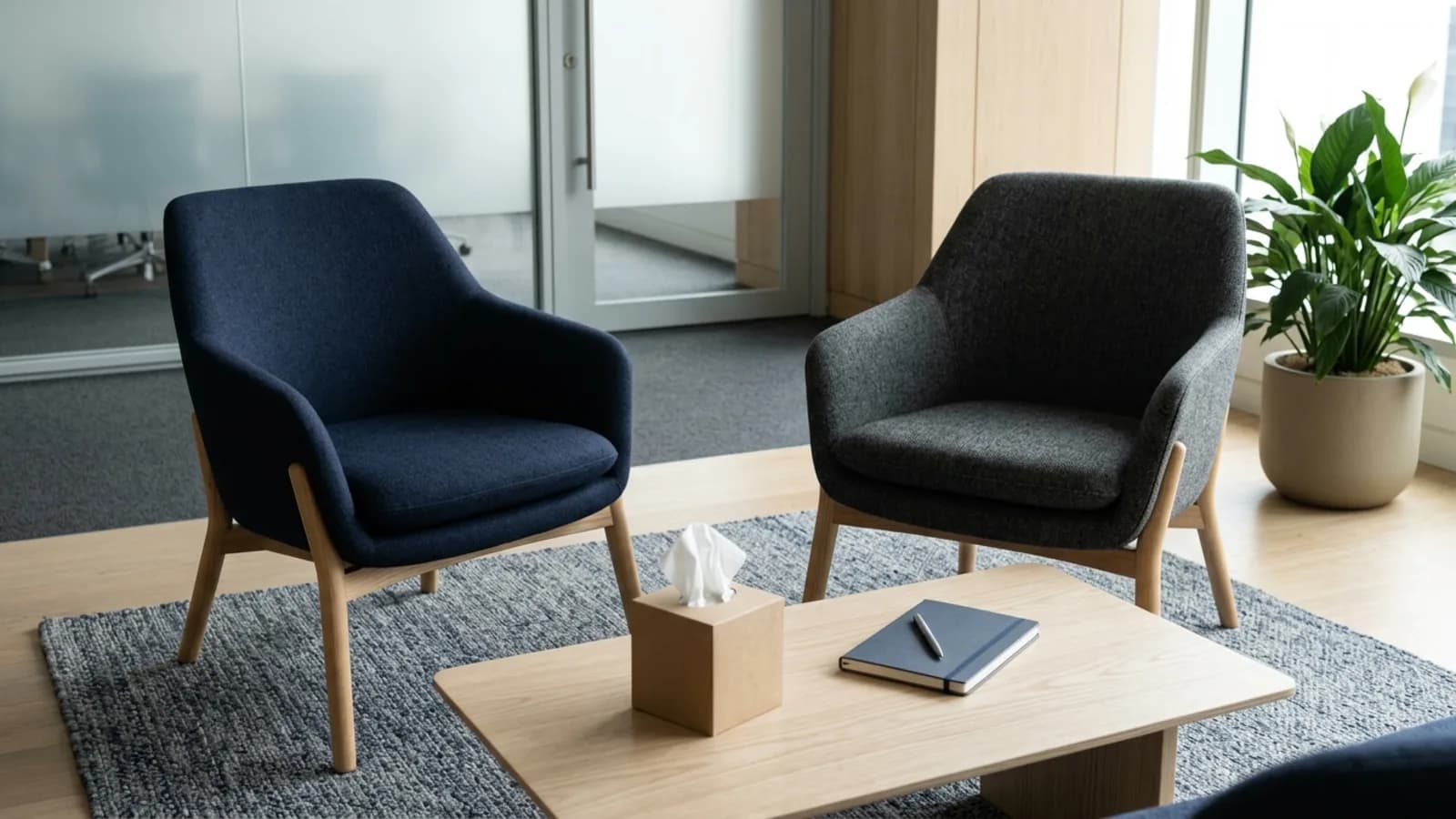 Sala confidencial con dos sillones enfrentados y caja de pañuelos: atención de mobbing laboral en Ecuador