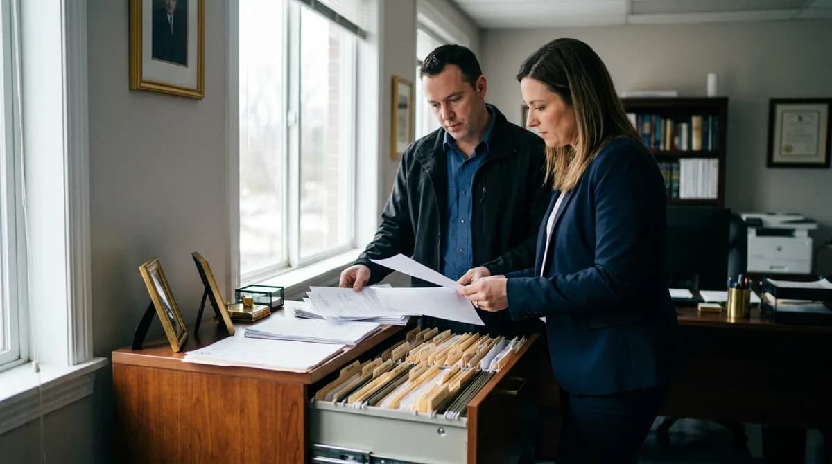 Inspector laboral revisa la documentación de personal junto al gerente frente al archivador de la empresa.