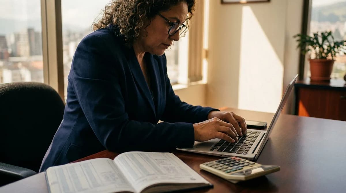 Contador registra la nómina electrónica en la laptop junto al libro de nómina impreso y una calculadora.
