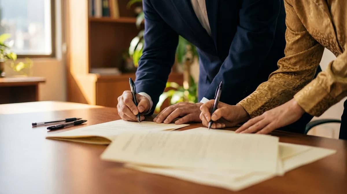 Empleador y trabajador firman la novación del contrato de trabajo sobre el escritorio de oficina.