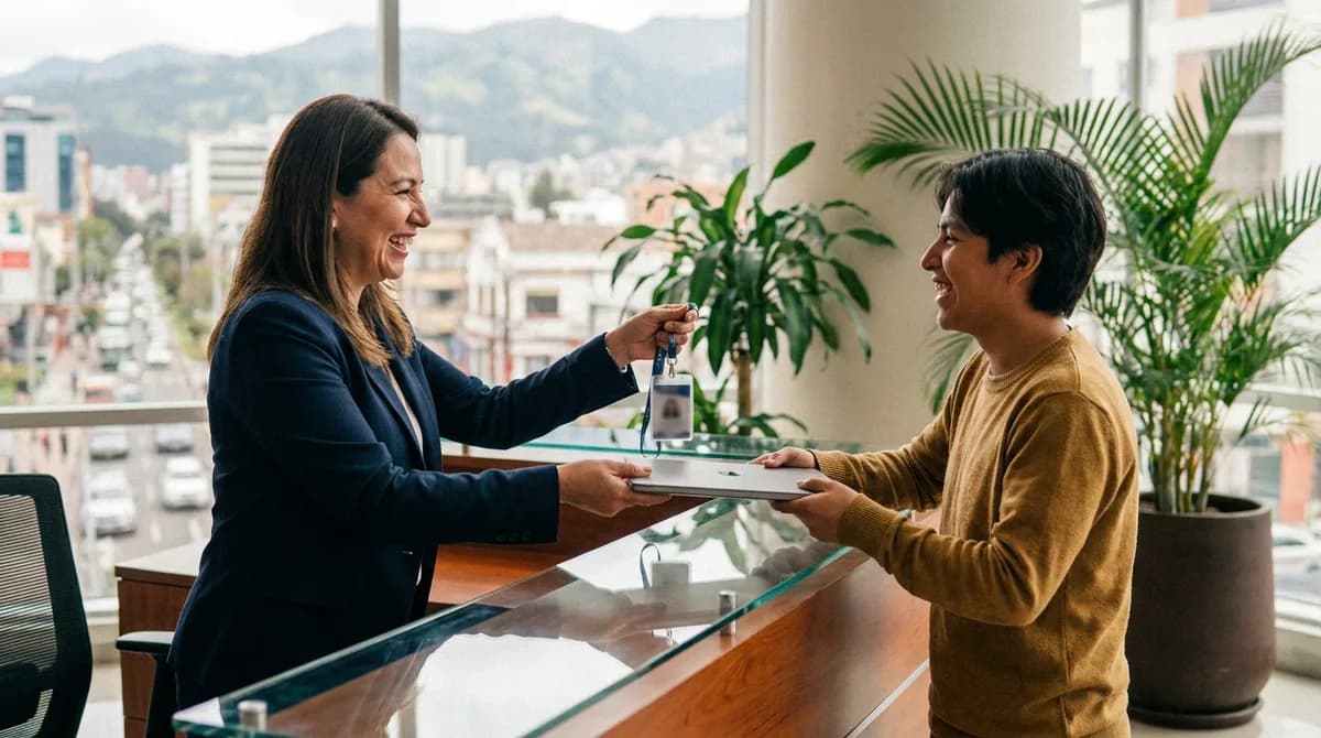 Colaborador nuevo recibe su laptop y credencial de acceso en la recepción de la empresa durante su primer día.