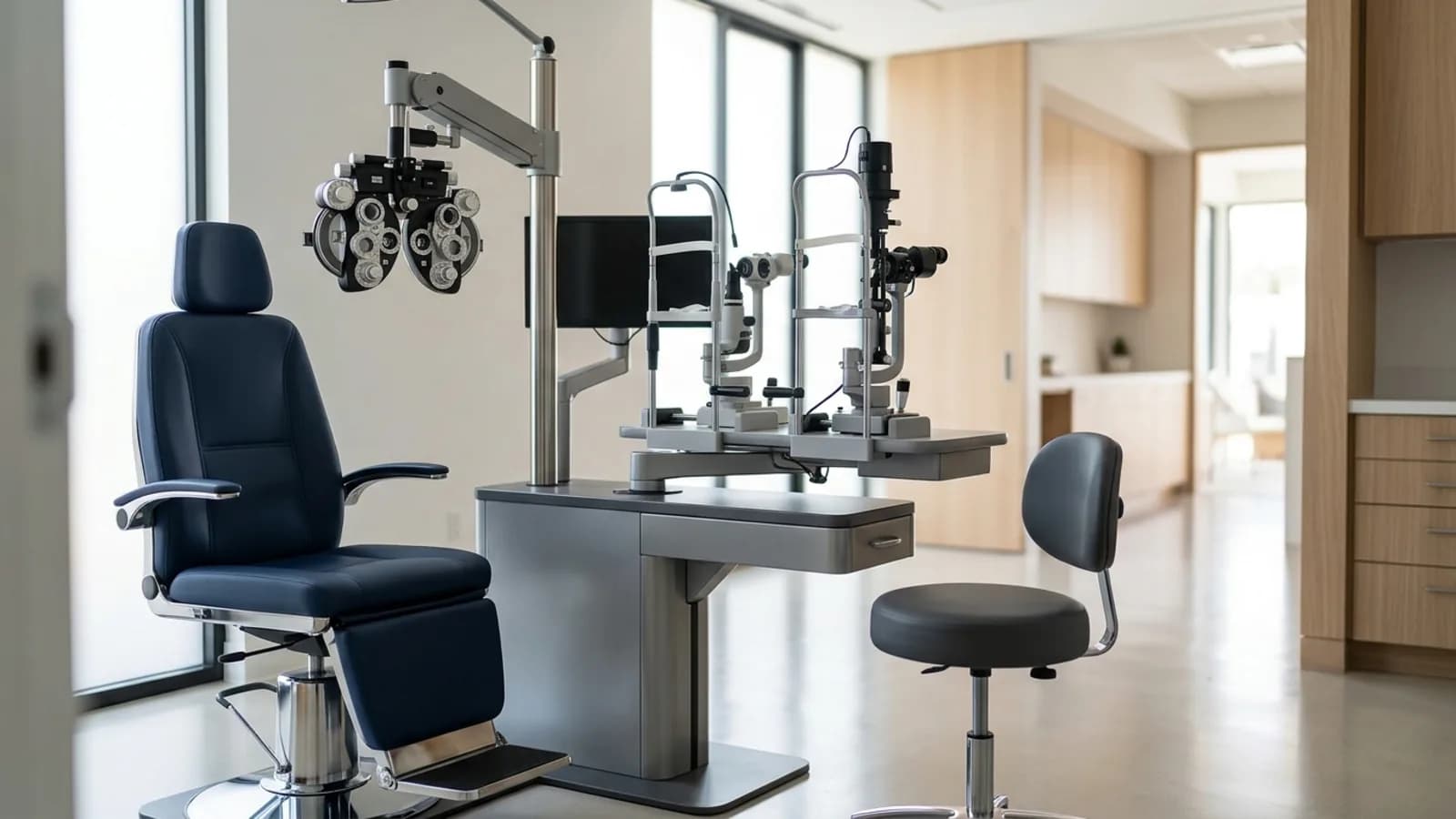 Foróptero y sillón clínico en una consulta visual vacía: optometría y visiometría ocupacional en Ecuador