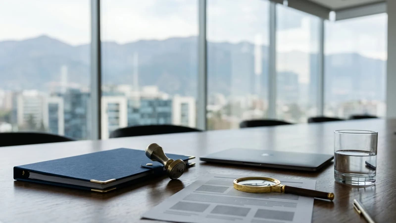 Carpeta de auditoría de certificación con sellos y lupa sobre una mesa de reuniones: organismos de certificación ISO acreditados por el SAE en Ecuador