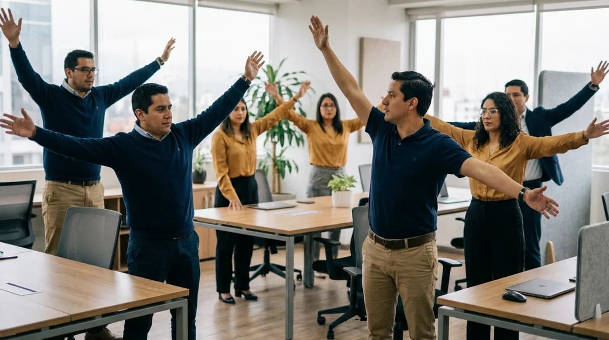 Colaboradores realizan ejercicios de pausa activa junto a sus escritorios guiados por un compañero.
