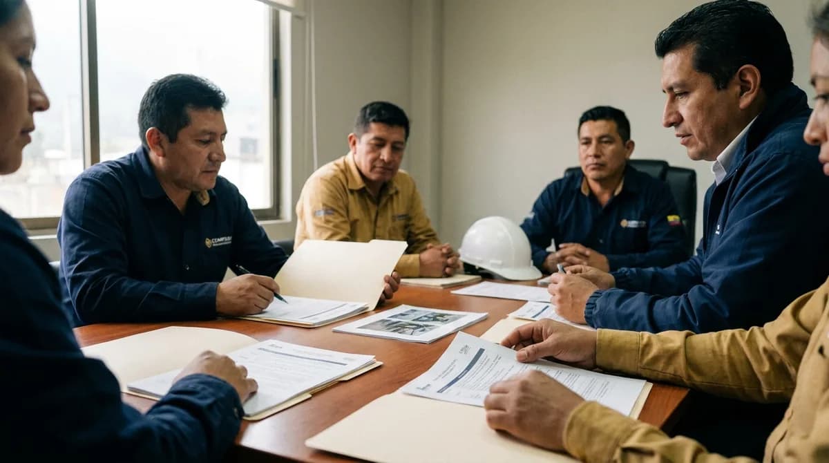 Comité paritario revisa en mesa los documentos del plan de seguridad y salud junto a un casco de protección.