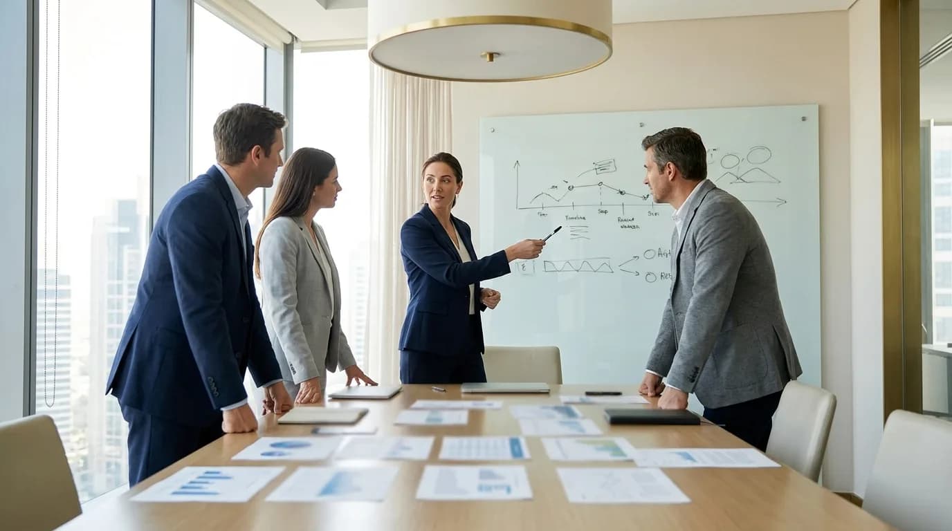 Mesa de dirección durante una sesión de planeación estratégica: el equipo gerencial revisa el mapa de objetivos, los indicadores del año y el horizonte de tres años sobre un tablero de trabajo