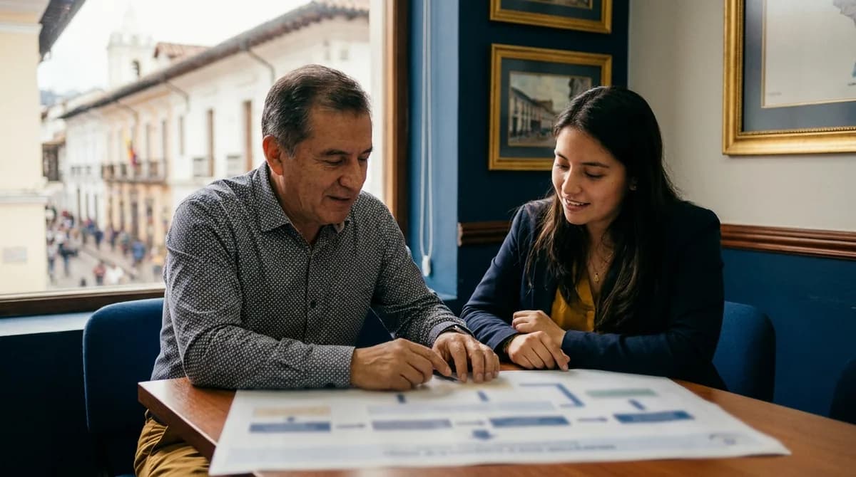 Jefe mentor conversa con una joven profesional sobre su ruta de desarrollo con el plan de carrera impreso.