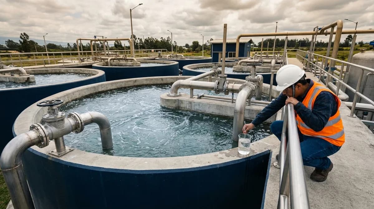 Técnico toma una muestra de agua en los tanques de aireación de la planta de tratamiento.