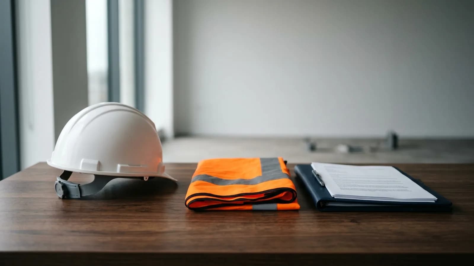 Casco de seguridad blanco, chaleco reflectivo naranja y carpeta con documentos sobre un escritorio de oficina: nueva Política Nacional de Seguridad y Salud en el Trabajo 2025-2030 en Ecuador