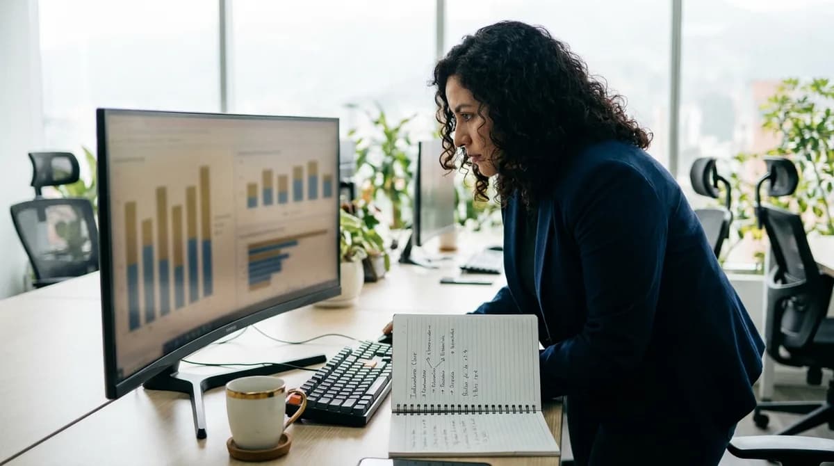 Analista de talento humano construye un tablero de people analytics en el monitor junto a sus indicadores escritos a mano.