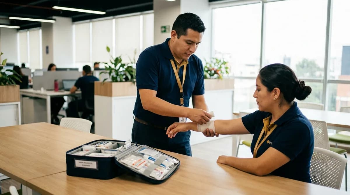 Colaborador entrenado venda el antebrazo de un compañero junto al botiquín de primeros auxilios abierto.
