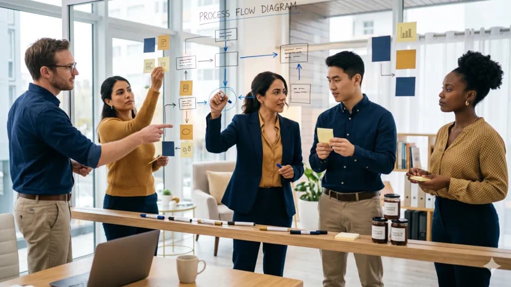 Equipo mapeando el flujo de procesos de una empresa en una pizarra