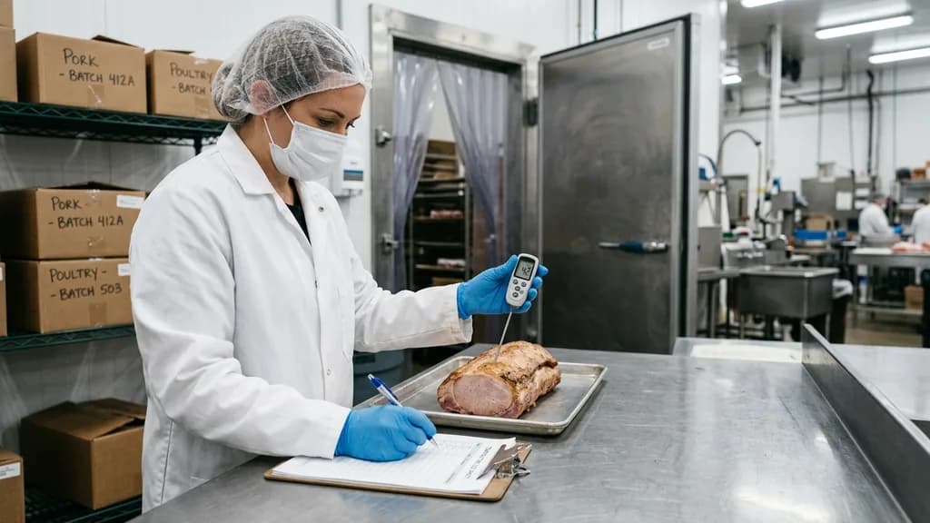 Supervisora de calidad midiendo con termómetro la temperatura de un producto y registrando el control de inocuidad alimentaria