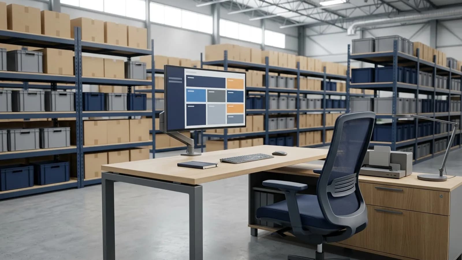 Puesto de gestión con monitor de paneles y estantería de pedidos: ERP para pymes en Ecuador