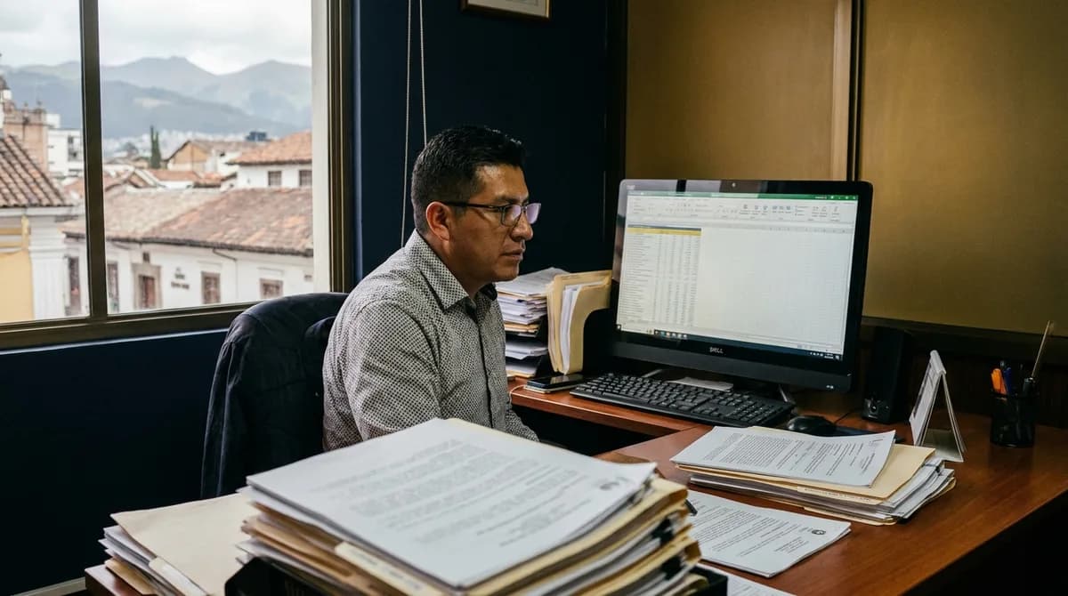 Contador prepara el anexo de retenciones en relación de dependencia en el computador junto a expedientes de nómina.