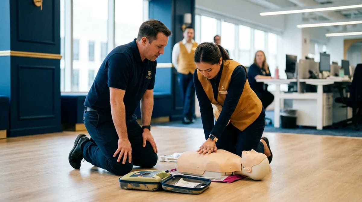 Instructor guía a una colaboradora en compresiones torácicas sobre maniquí durante entrenamiento de RCP.