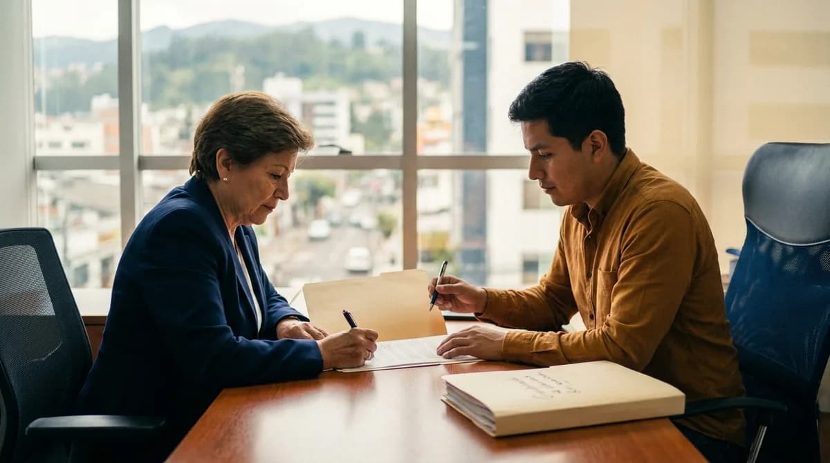 Responsable de talento humano y trabajador saliente firman el acta de finiquito en la oficina.