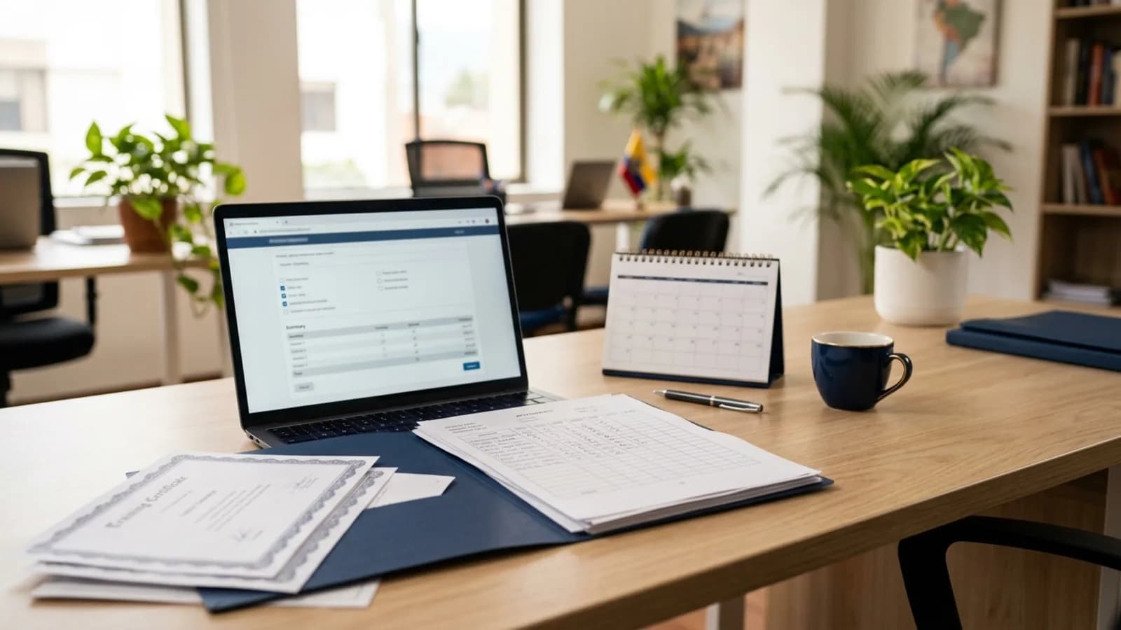 Escritorio de contabilidad con una laptop abierta en un formulario, listas de asistencia y certificados de capacitación, listo para registrar las capacitaciones del AM MDT-2025-006 en el SUT.