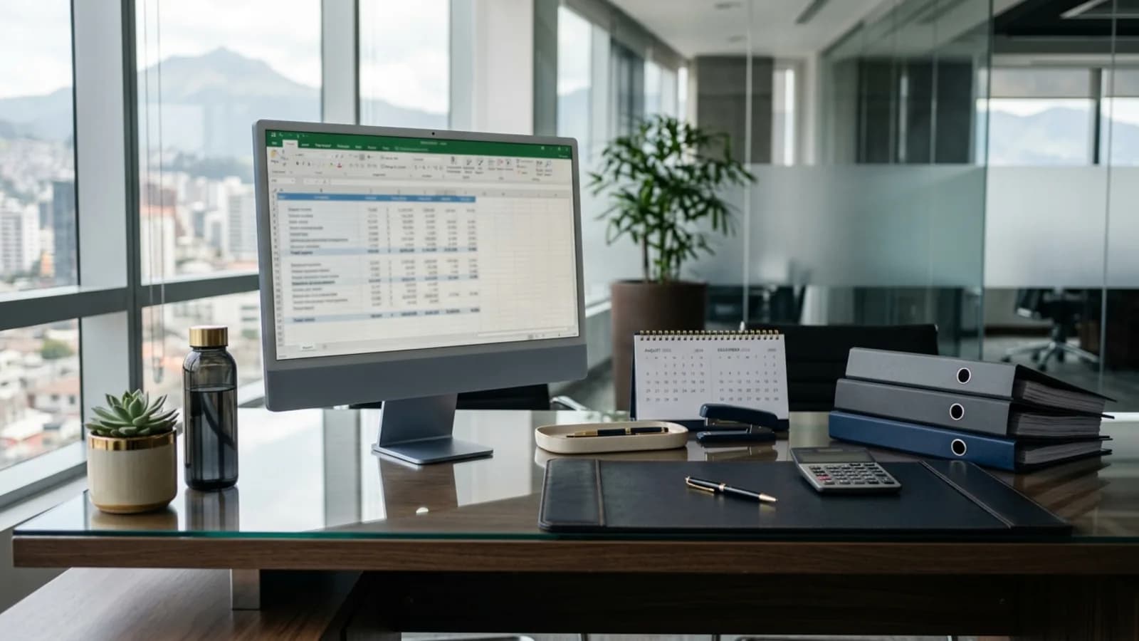 Escritorio de talento humano con planilla de nómina en pantalla, calculadora, carpetas y calendario, listo para registrar los décimos en el SUT.