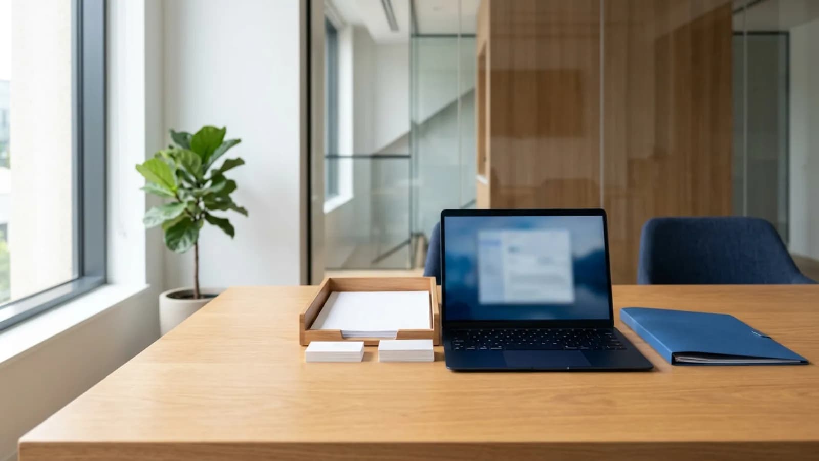 Puesto de registro empresarial con portátil, bandeja de documentos y carpeta azul en una oficina