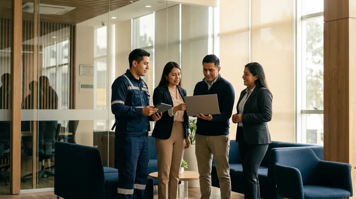 Profesionales de distintos cargos —operativo, administrativo y gerencial— reunidos en el lobby de la empresa.