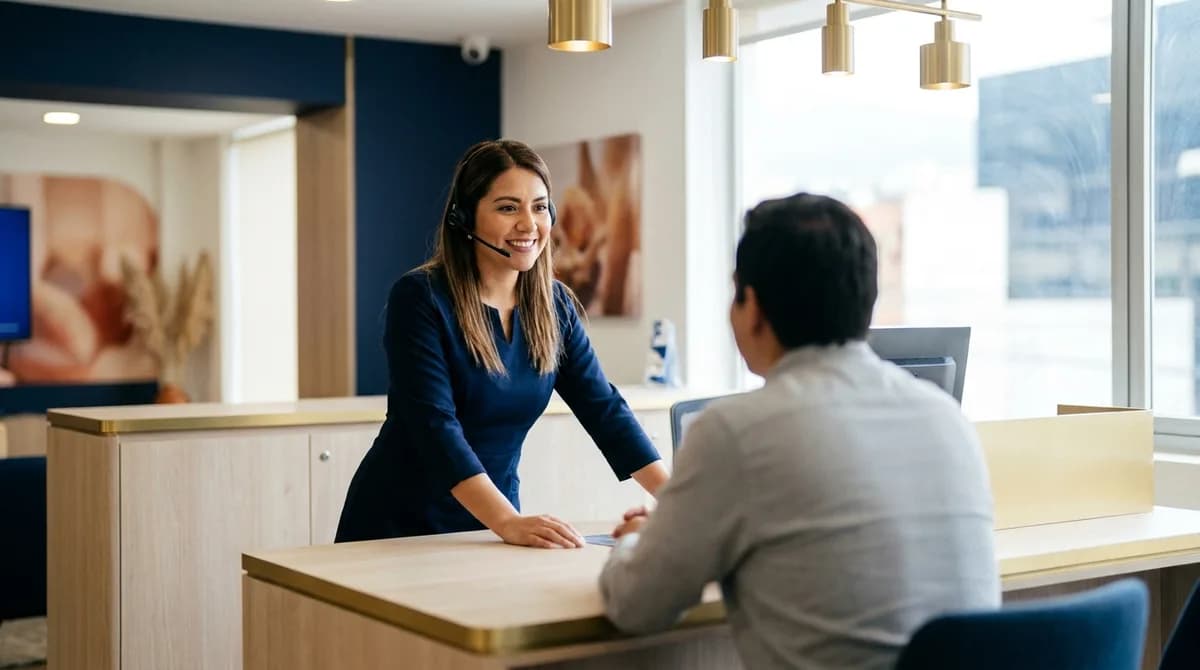 Asesora de servicio al cliente atiende a un usuario en el counter de atención con diadema puesta.