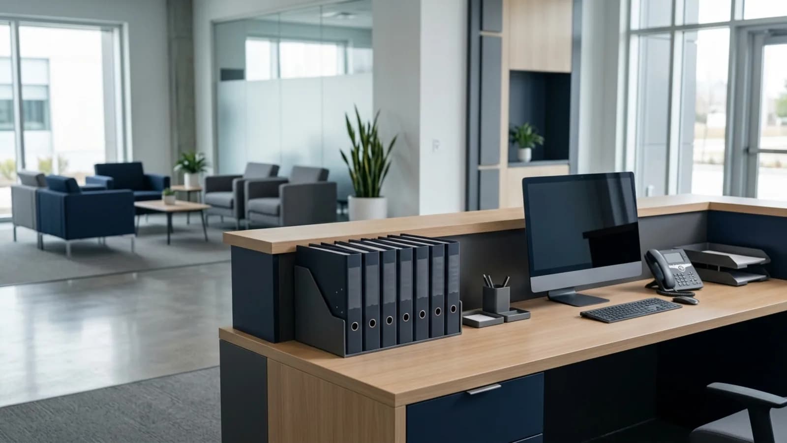 Recepción con carpetas de acreditación y monitor de consulta: SICOSEP de guardias de seguridad en Ecuador