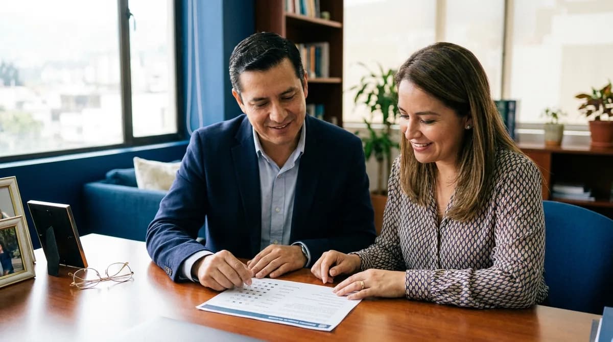 Jefe y colaborador revisan juntos el formulario impreso de evaluación de desempeño con escalas de calificación.