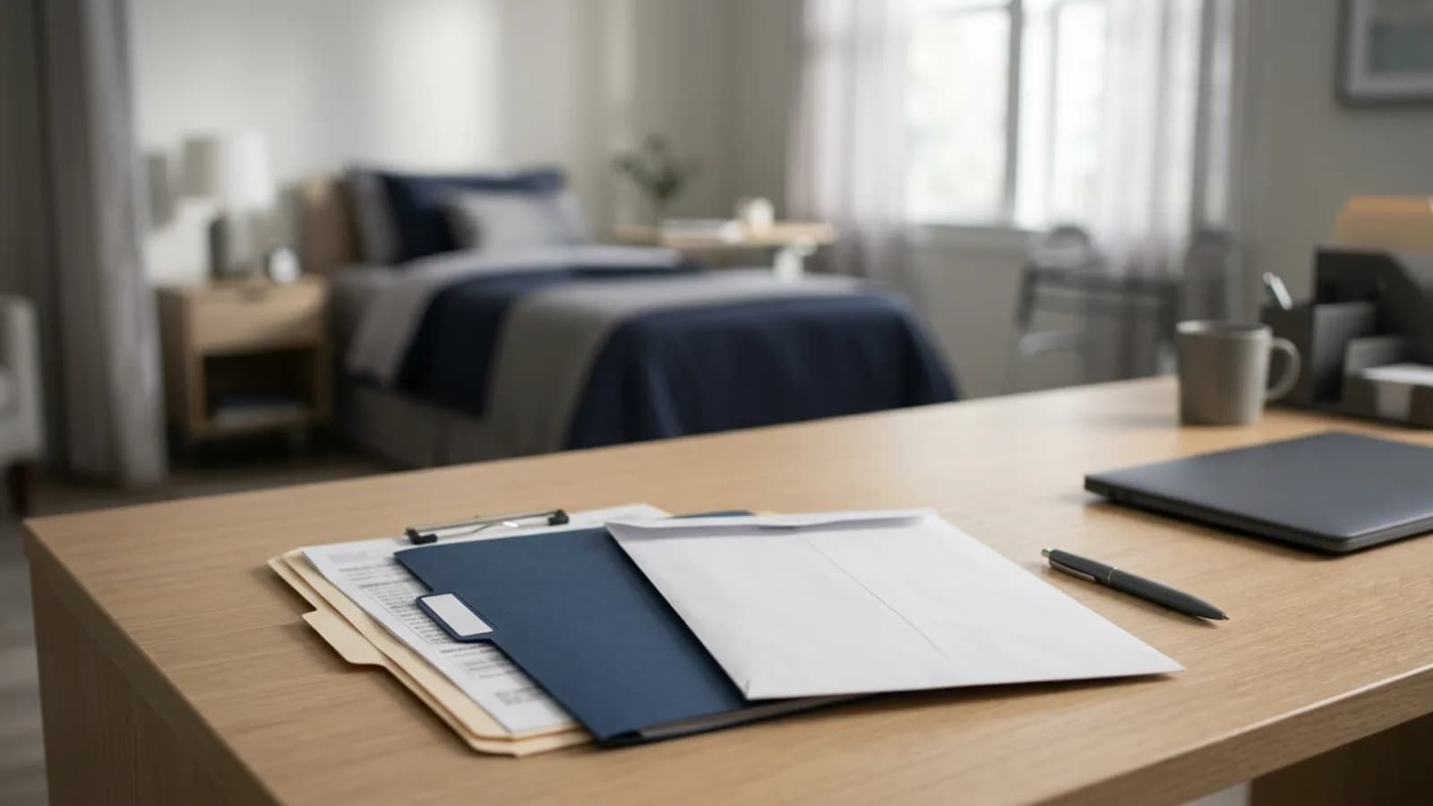 Carpeta clínica y sobre administrativo en escritorio junto a una habitación: subsidio por enfermedad IESS, Ecuador