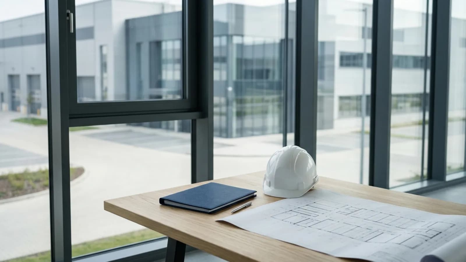Casco, carpeta de gestión y plano de planta sobre una mesa frente a una nave industrial: técnico de SST en Ecuador