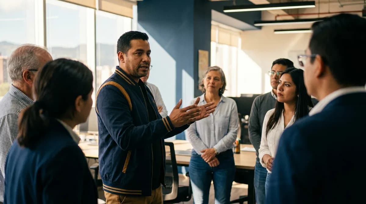 Líder de equipo conduce una reunión de pie con su equipo de trabajo en la oficina.
