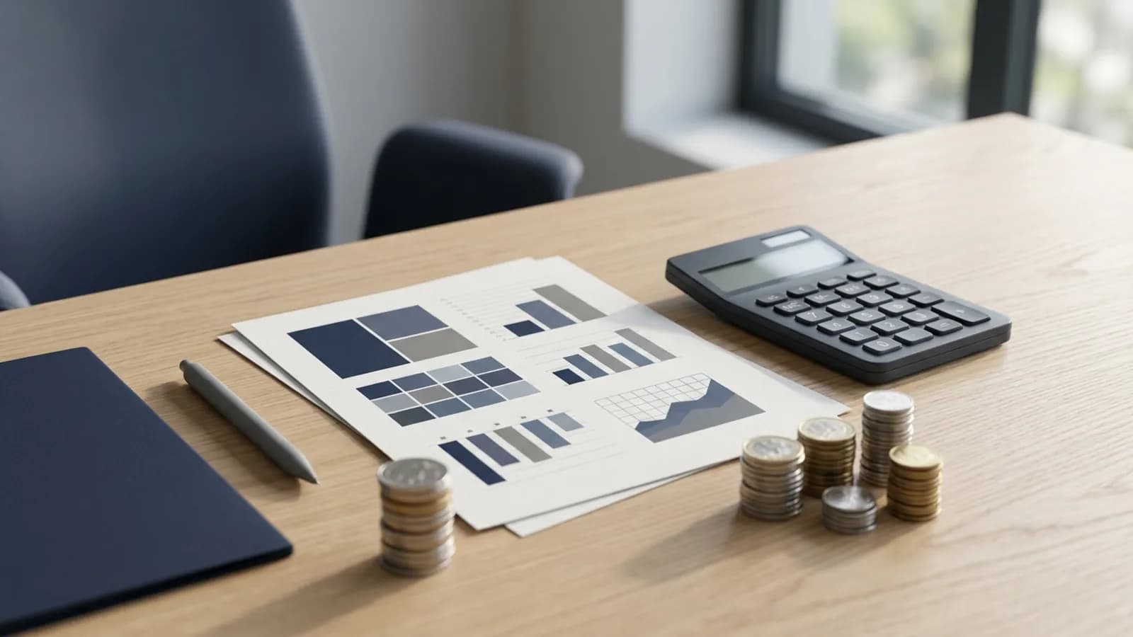 Tabla comparativa impresa, calculadora y monedas apiladas sobre un escritorio: salarios promedio por cargo en Ecuador