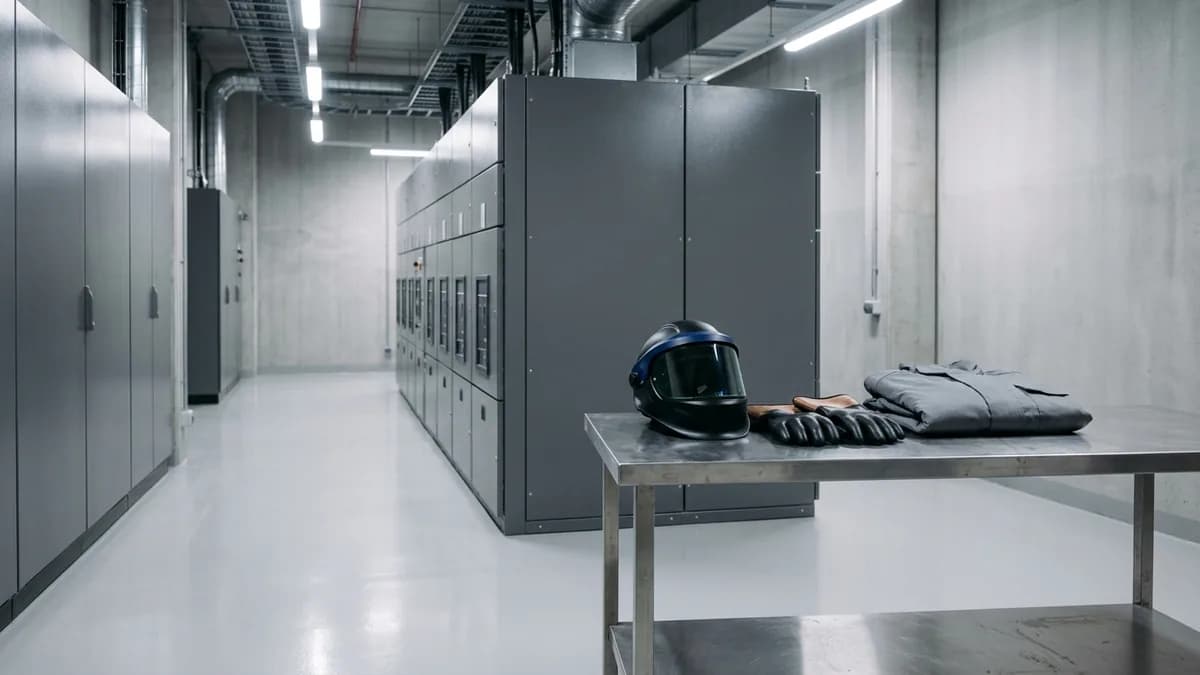 Cuarto eléctrico con tablero de media tensión, alfombra dieléctrica y equipo de protección para riesgo eléctrico