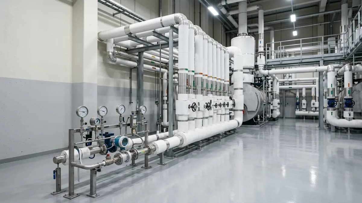 Sala de calderos y líneas de vapor con instrumentación de medición en una planta industrial