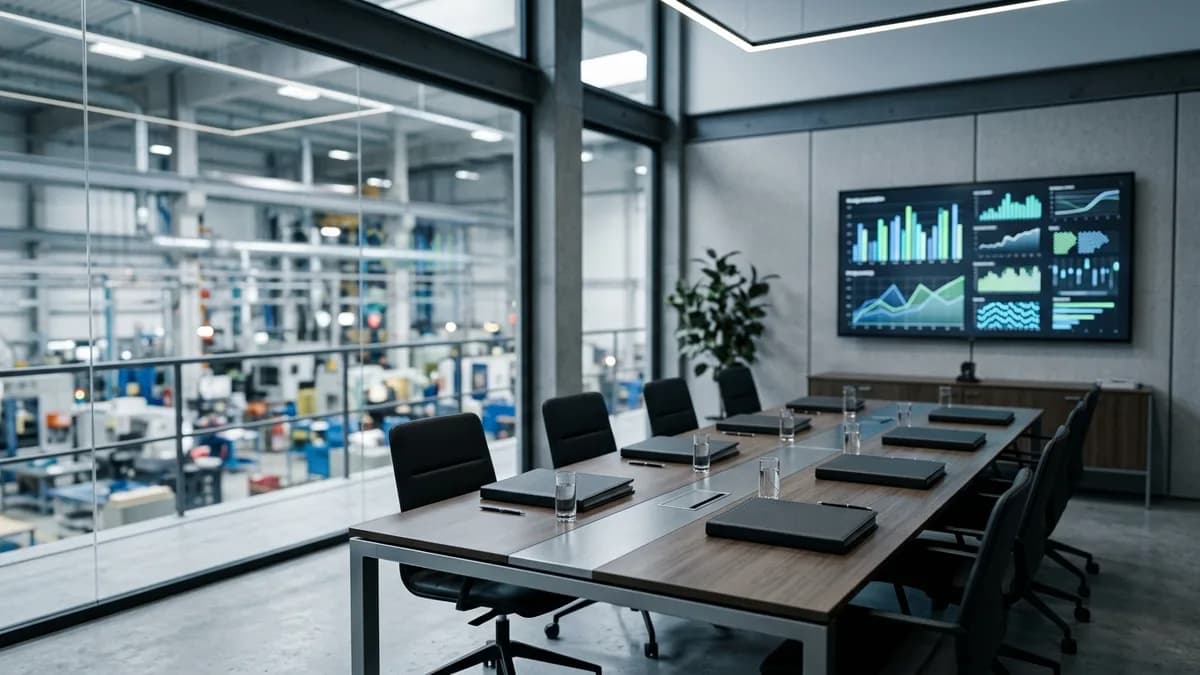 Sala de reuniones de una planta industrial con documentación técnica y un panel de indicadores energéticos