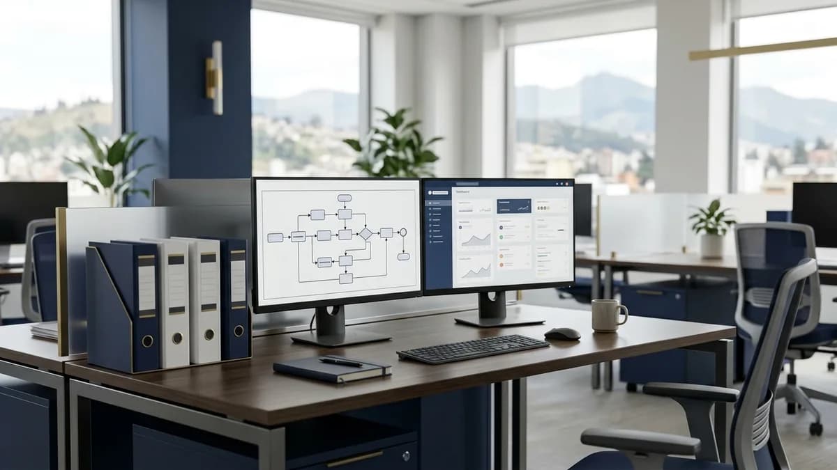 Oficina con monitores que muestran un diagrama de flujo de proceso: automatización de procesos en empresas de Ecuador