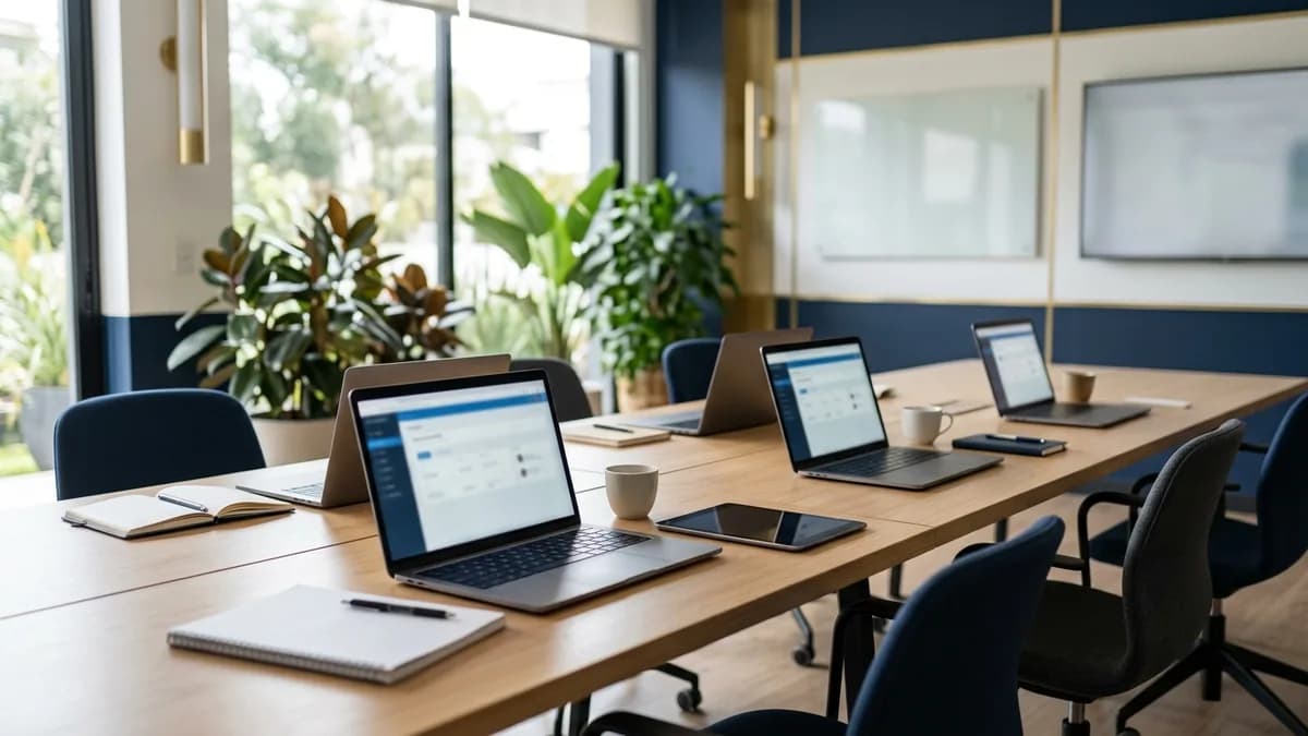 Sala de capacitación empresarial con laptops abiertas y material de curso sobre la mesa: programa en línea de 40 horas del AM MDT-2025-006.