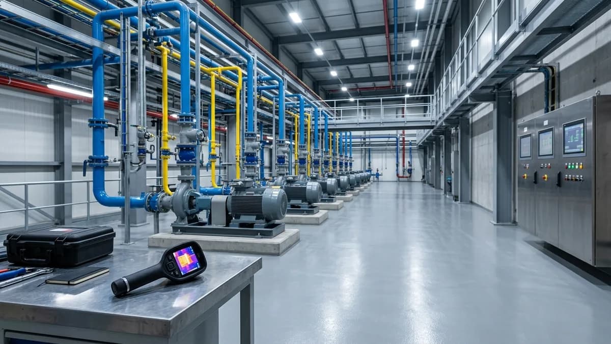 Cuarto de máquinas de una planta industrial con bombas, tablero de control e instrumentación