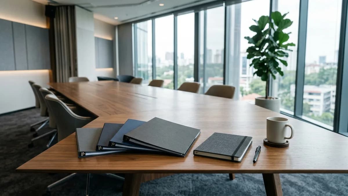 Mesa de reuniones con documentación y un panel de indicadores de sostenibilidad en una laptop