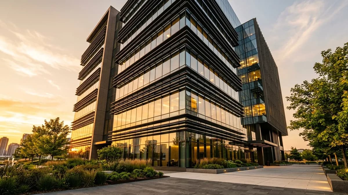 Edificio corporativo moderno con fachada de vidrio de alto desempeño y quiebrasoles