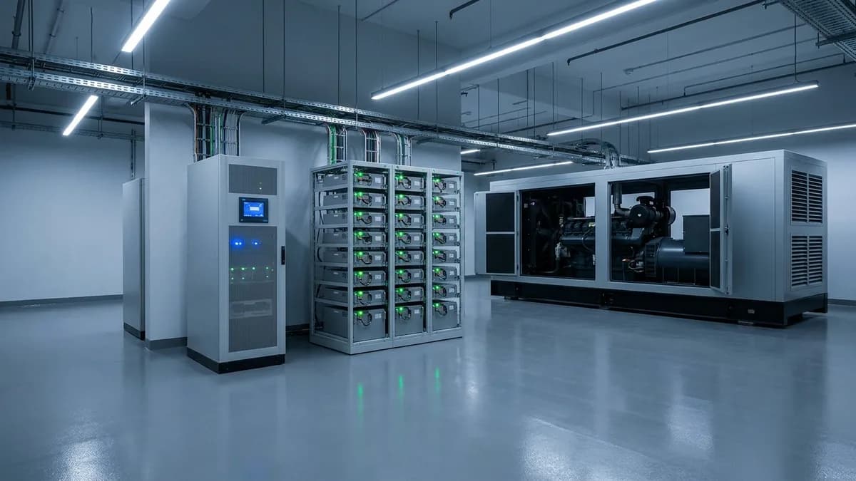 Cuarto de energía crítica con UPS, banco de baterías y grupo electrógeno en una planta industrial