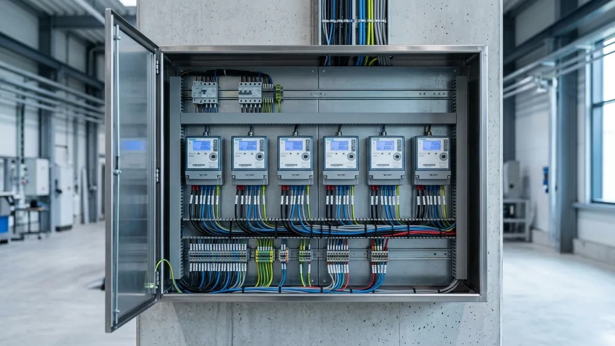 Gabinete de medición eléctrica de una planta industrial con medidores digitales de energía por circuito