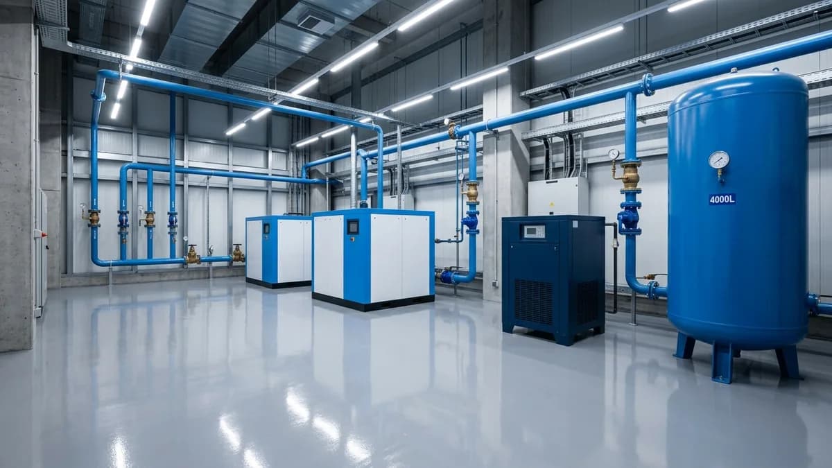 Sala de compresores de aire de una planta industrial con manómetros de línea