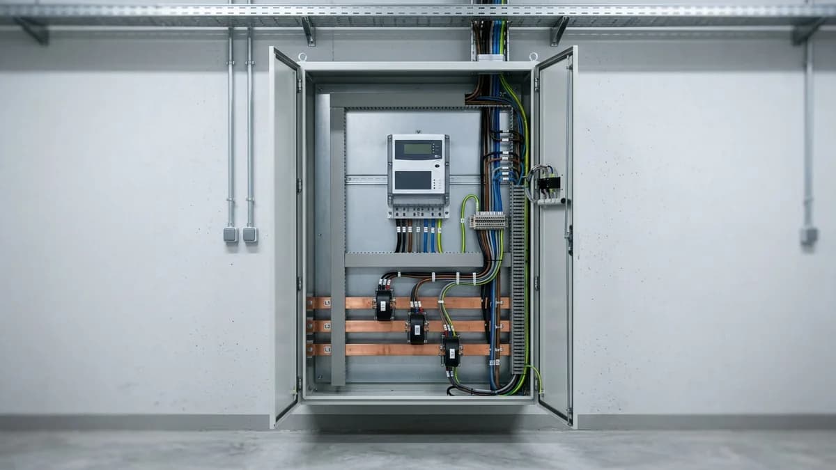 Medidor electrónico trifásico y transformadores de corriente en el cuarto de medición de una planta