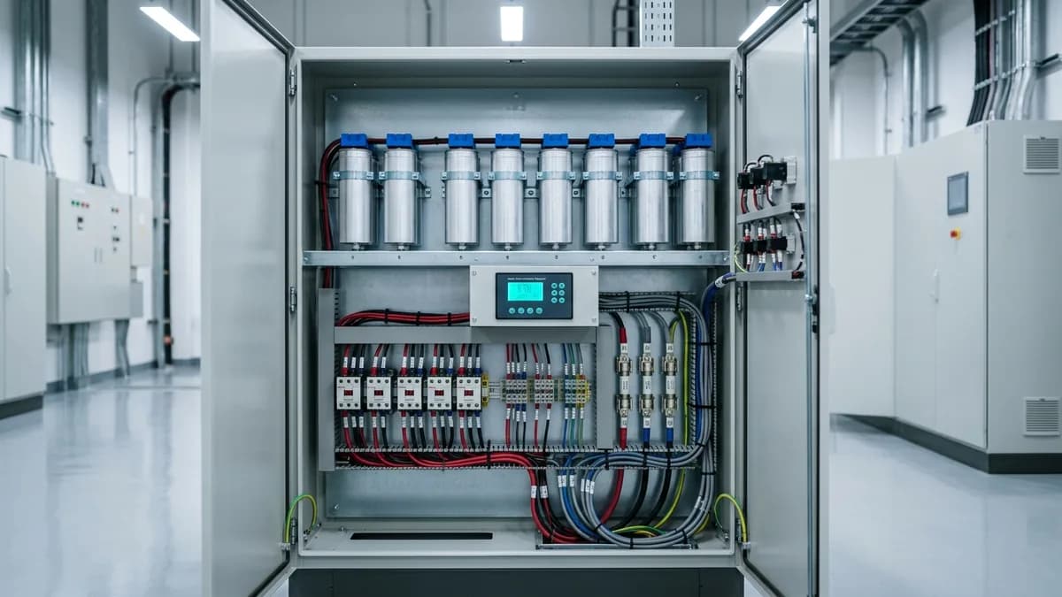 Banco de capacitores para corrección del factor de potencia en un cuarto eléctrico industrial
