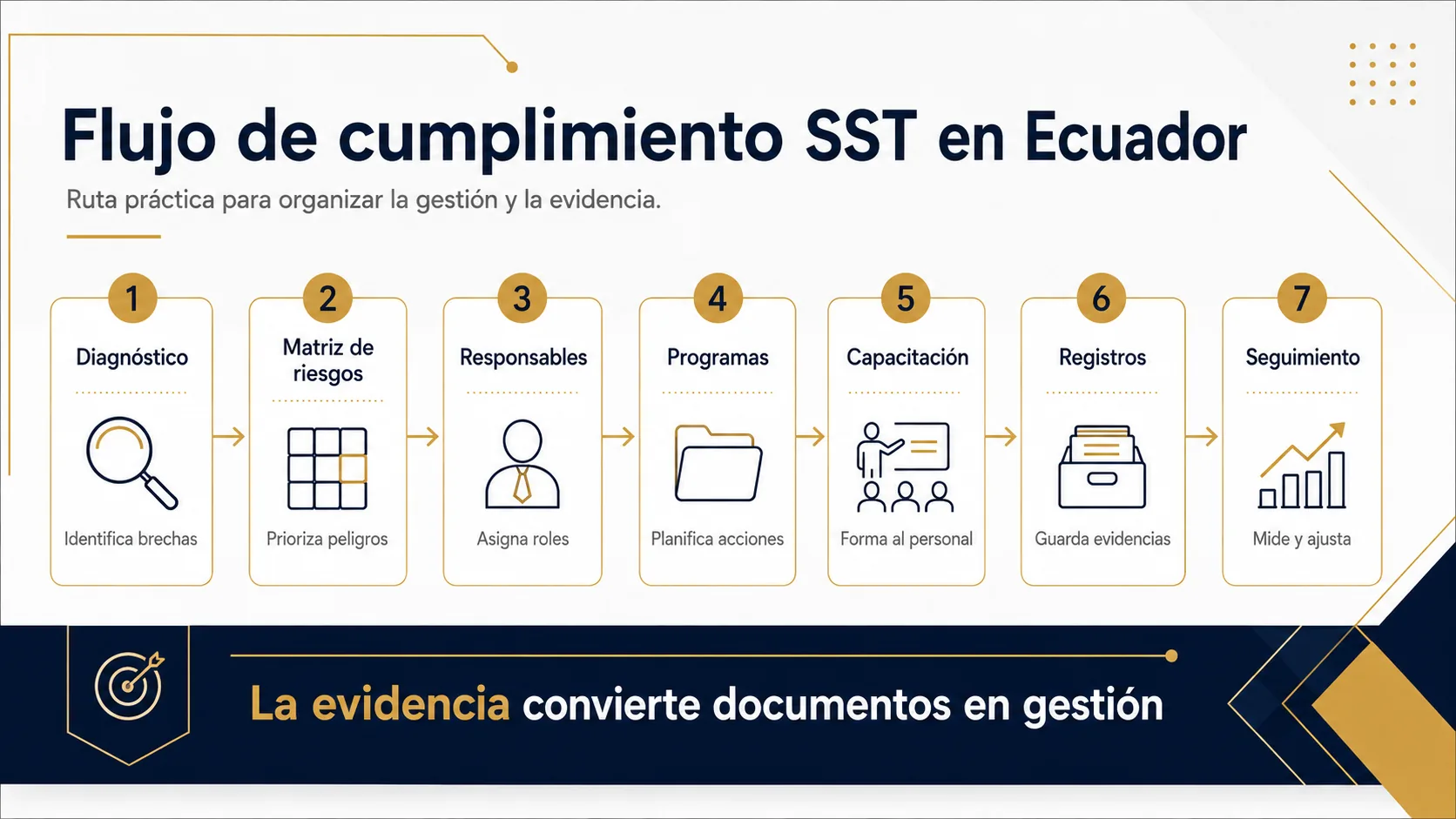 Flujo de cumplimiento SST en Ecuador desde diagnóstico hasta seguimiento.
